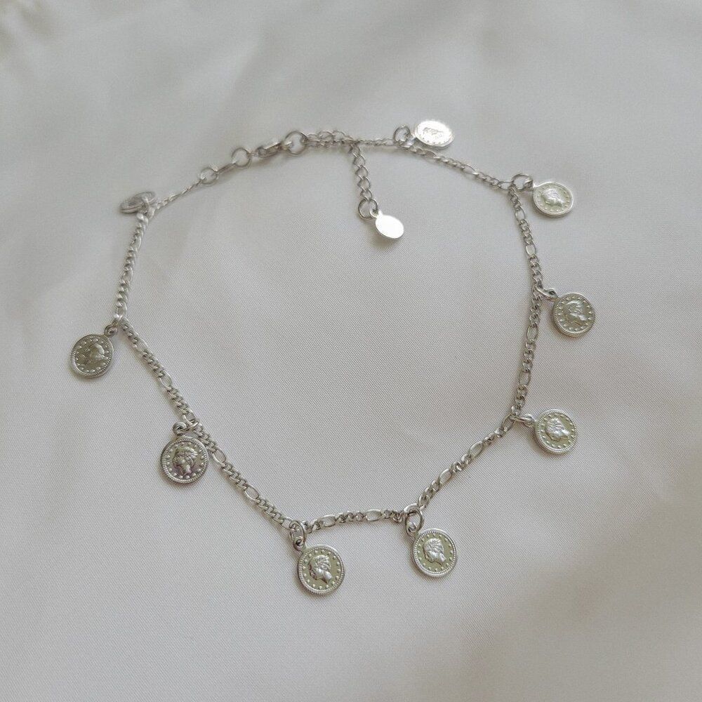Silver Color Coin Charm Chain Anklet - Picture 4 of 5